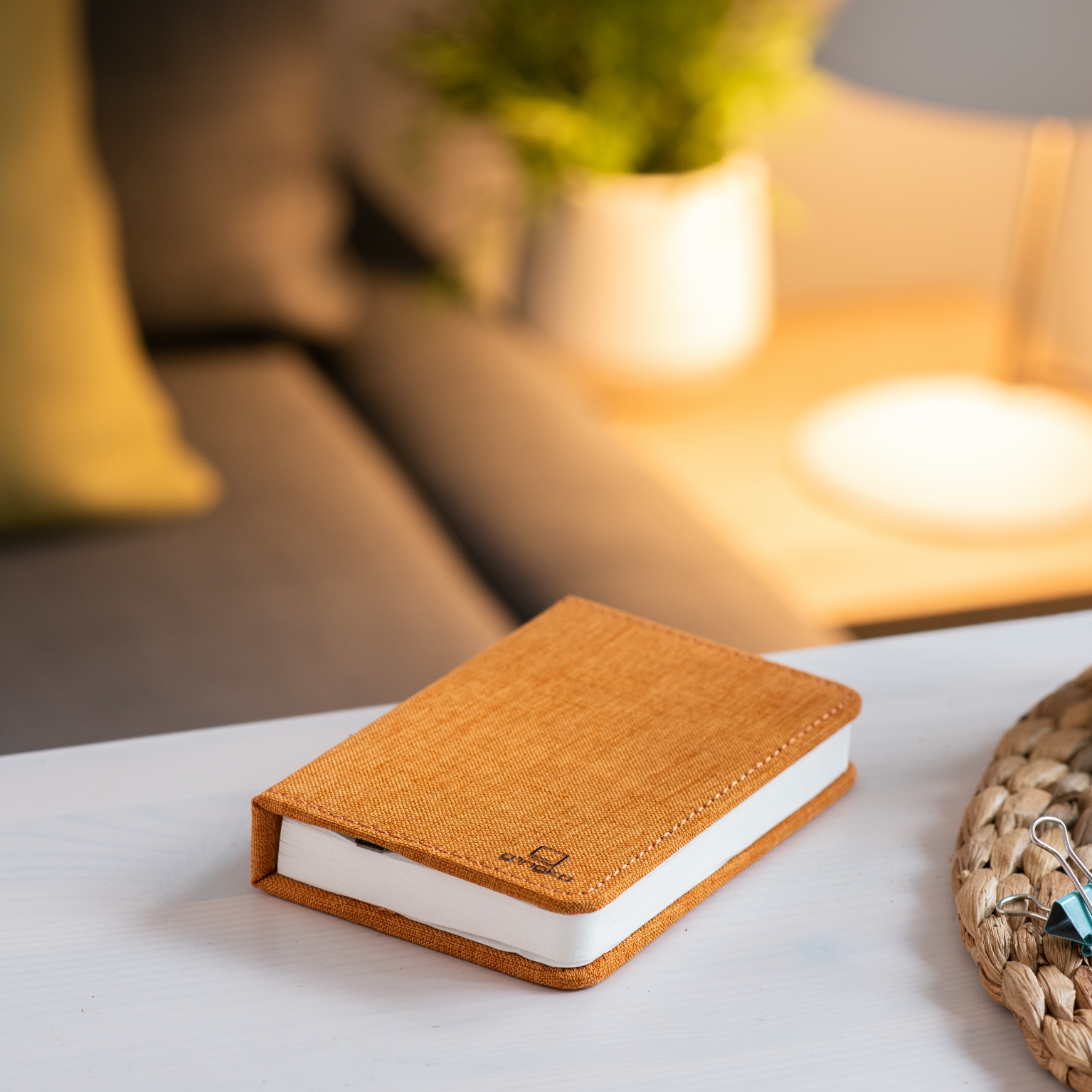 Gingko Mini Linen Smart Book Light17 Gingko smart mini book light in orange on table