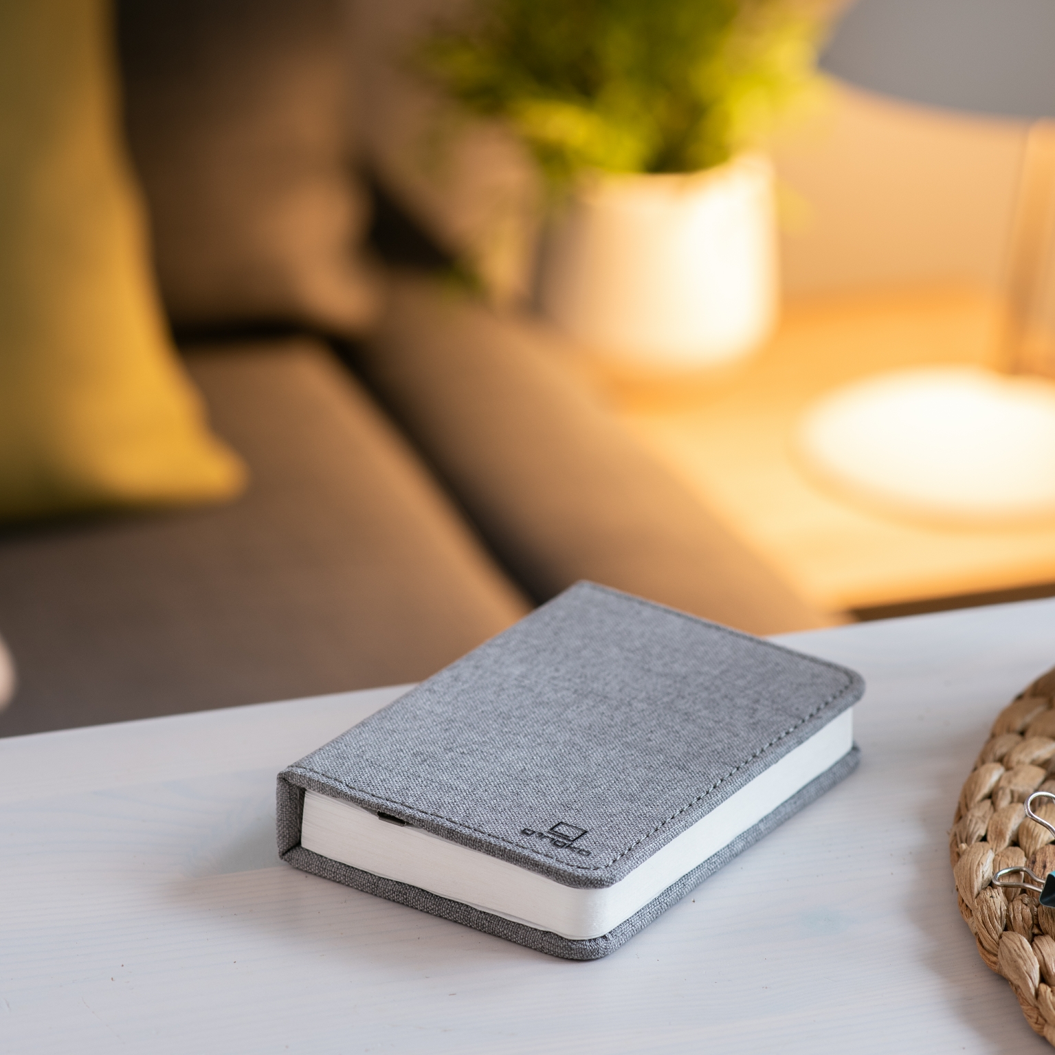 Gingko Mini Linen Smart Book Light25 Gingko smart mini book light in grey on table