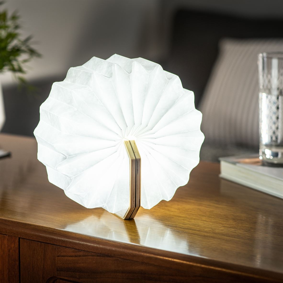 Gingko Smart Accordion Lamp open white in maple