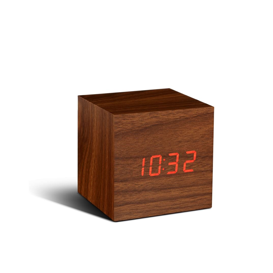 Gingko Cube Click Clock Walnut with Red LED