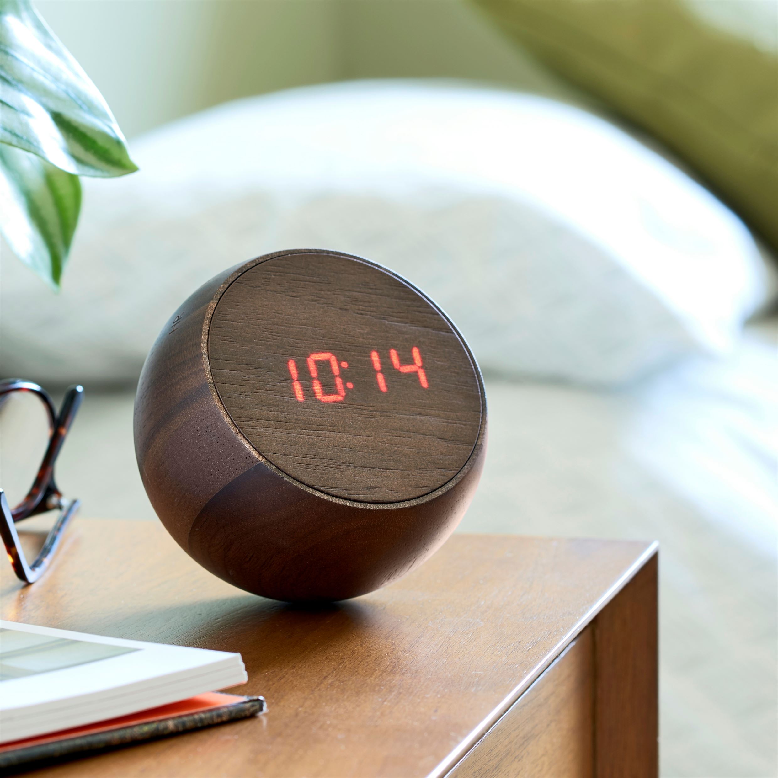 Gingko Tumbler Click Clock Walnut fromt on desk