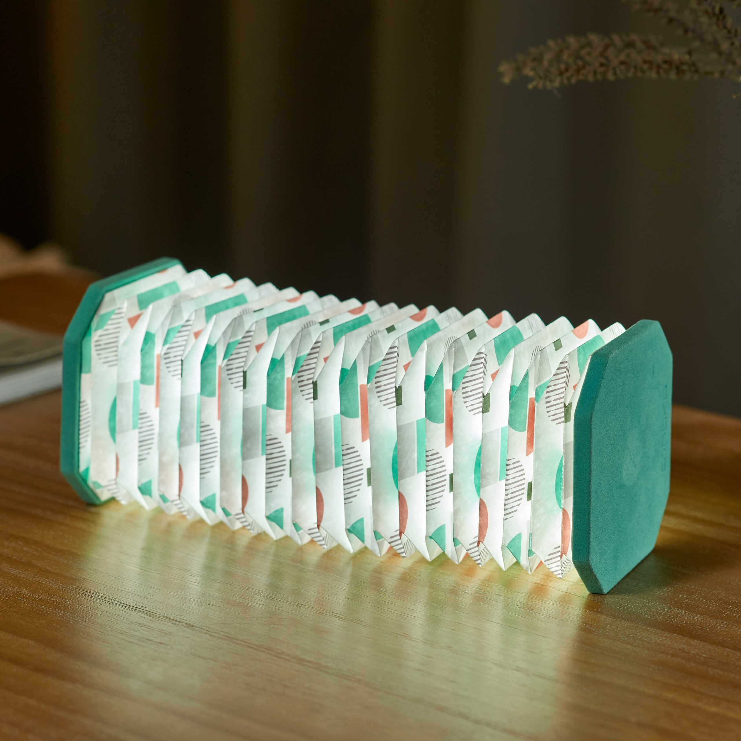 Gingko Velvet Blue Geometric Accordion Lamp - opened