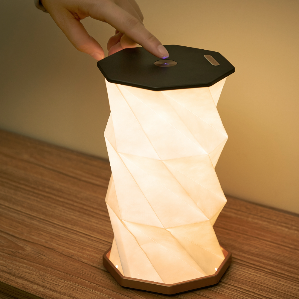 Gingko Hexagon Twist Light Walnut and Black showing touch control 2 Gingko Hexagon Twist Light Black opened showing touch control