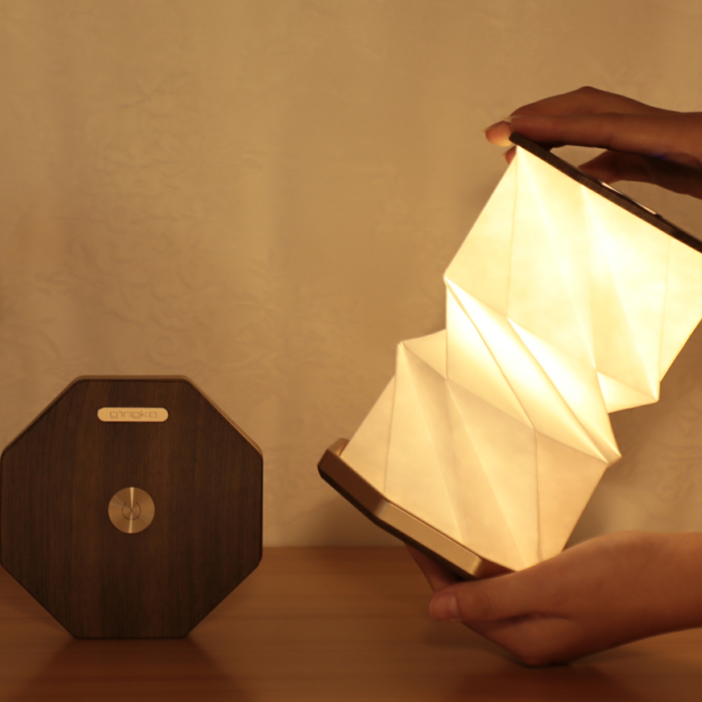 Gingko Hexagon Twist Light Walnut open and closed on a table angled