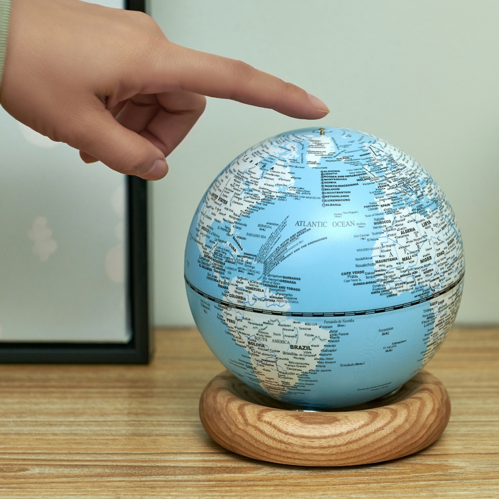 Gingko Mini Light Blue Atlas Globe with White Ash Base
