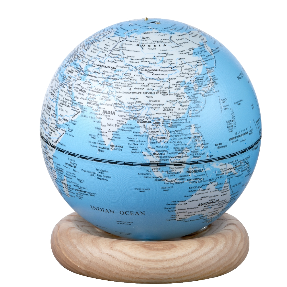 Gingko Mini Light Blue Atlas Globe with White Ash Base no background